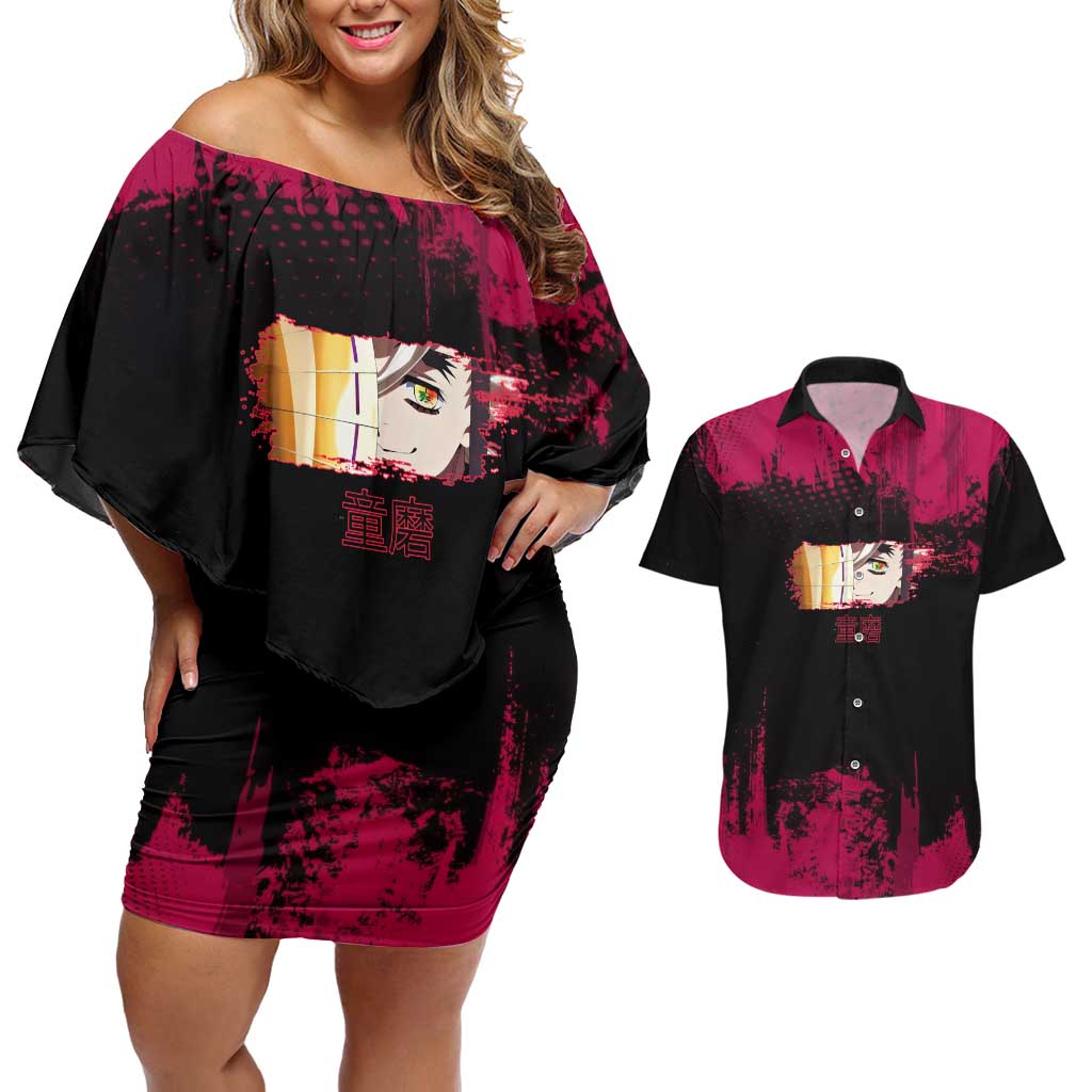 Douma Demon Slayer Red Grunge Design Couples Matching Off Shoulder Short Dress and Hawaiian Shirt with Fan Pose and Piercing Eyes Detail - The Mazicc