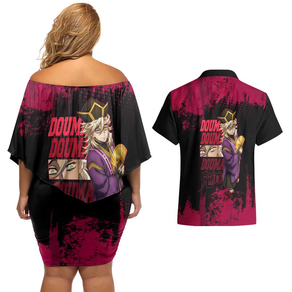 Douma Demon Slayer Red Grunge Design Couples Matching Off Shoulder Short Dress and Hawaiian Shirt with Fan Pose and Piercing Eyes Detail - The Mazicc