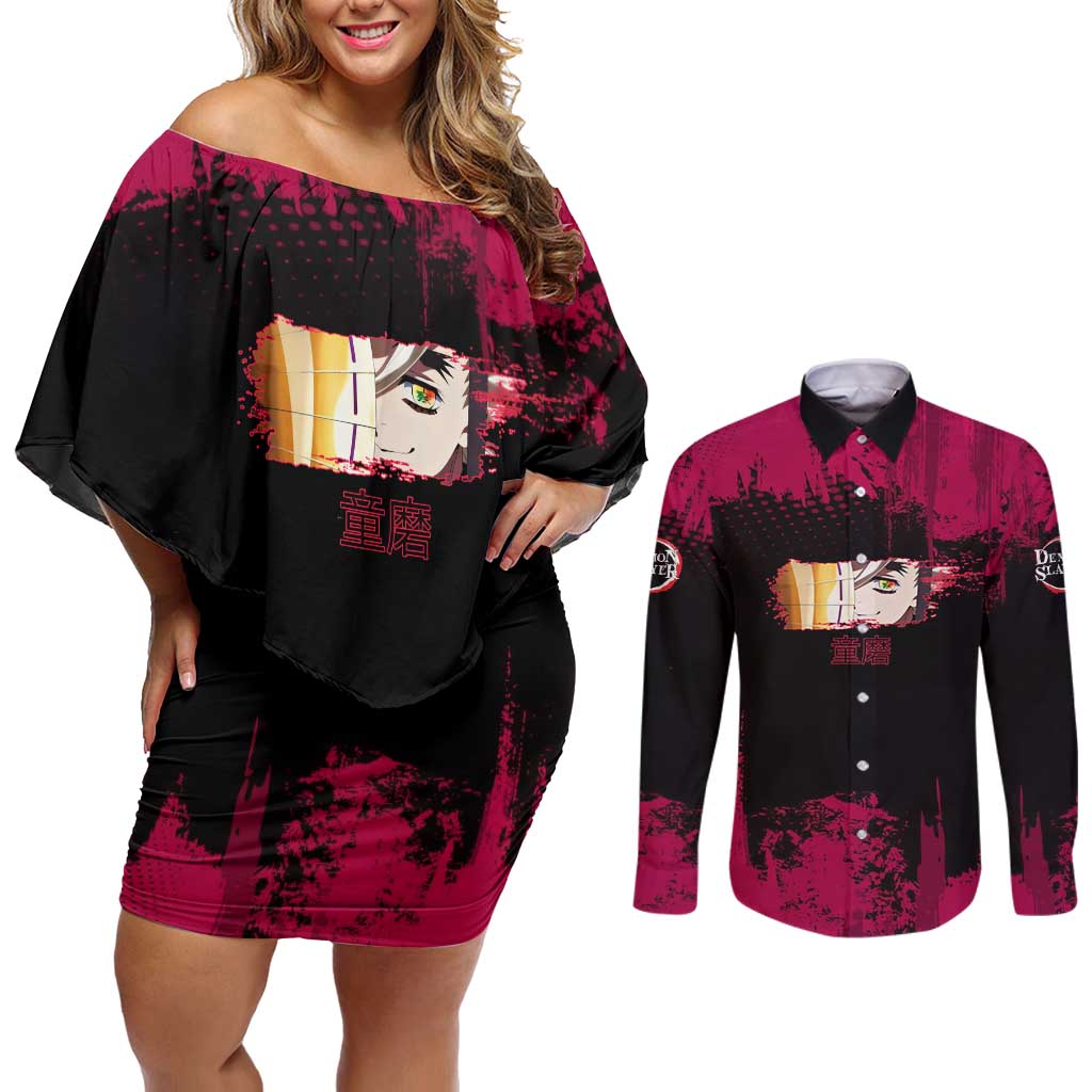 Douma Demon Slayer Red Grunge Design Couples Matching Off Shoulder Short Dress and Long Sleeve Button Shirt with Fan Pose and Piercing Eyes Detail - The Mazicc