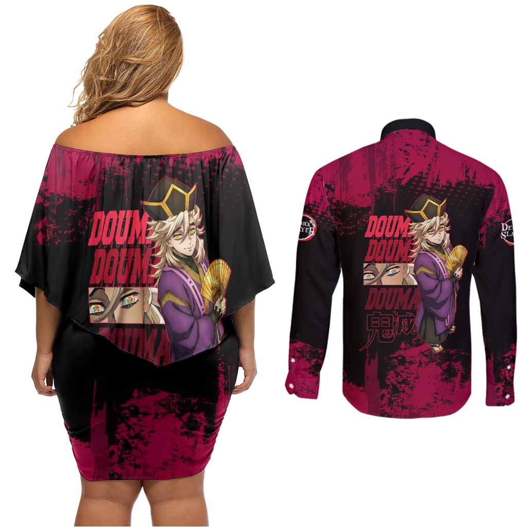 Douma Demon Slayer Red Grunge Design Couples Matching Off Shoulder Short Dress and Long Sleeve Button Shirt with Fan Pose and Piercing Eyes Detail - The Mazicc
