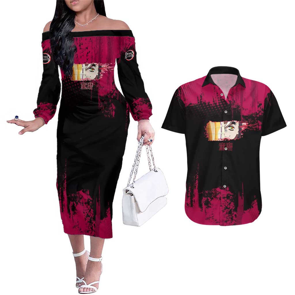 Douma Demon Slayer Red Grunge Design Couples Matching Off The Shoulder Long Sleeve Dress and Hawaiian Shirt with Fan Pose and Piercing Eyes Detail - The Mazicc