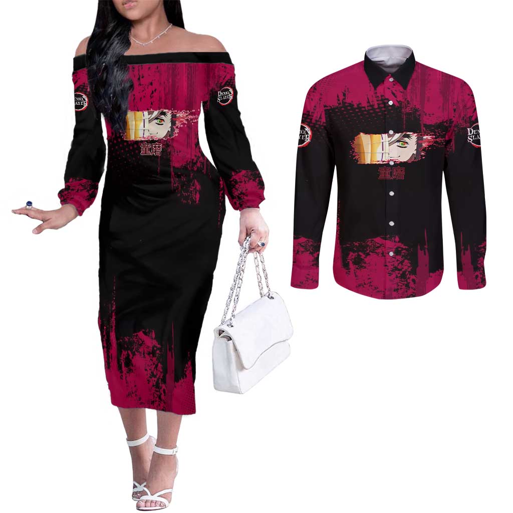 Douma Demon Slayer Red Grunge Design Couples Matching Off The Shoulder Long Sleeve Dress and Long Sleeve Button Shirt with Fan Pose and Piercing Eyes Detail - The Mazicc