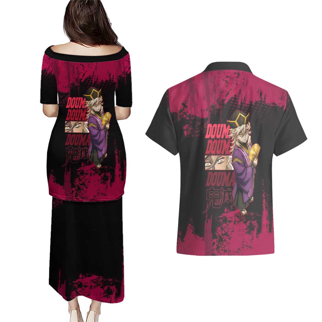 Douma Demon Slayer Red Grunge Design Couples Matching Puletasi and Hawaiian Shirt with Fan Pose and Piercing Eyes Detail - The Mazicc