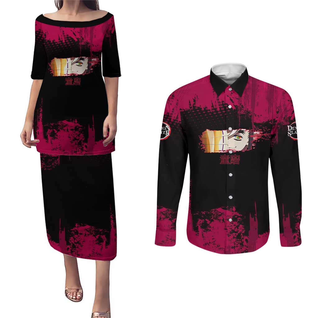 Douma Demon Slayer Red Grunge Design Couples Matching Puletasi and Long Sleeve Button Shirt with Fan Pose and Piercing Eyes Detail - The Mazicc