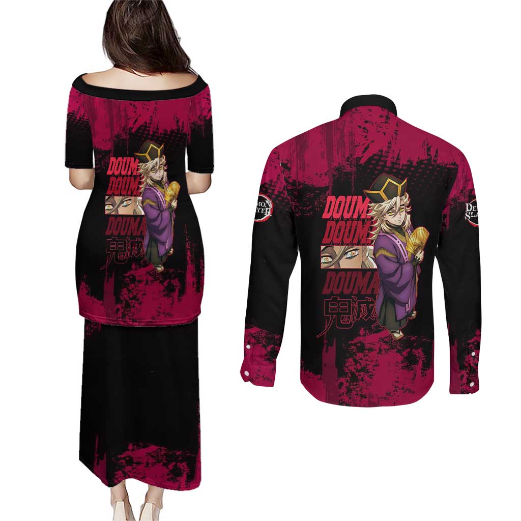 Douma Demon Slayer Red Grunge Design Couples Matching Puletasi and Long Sleeve Button Shirt with Fan Pose and Piercing Eyes Detail - The Mazicc