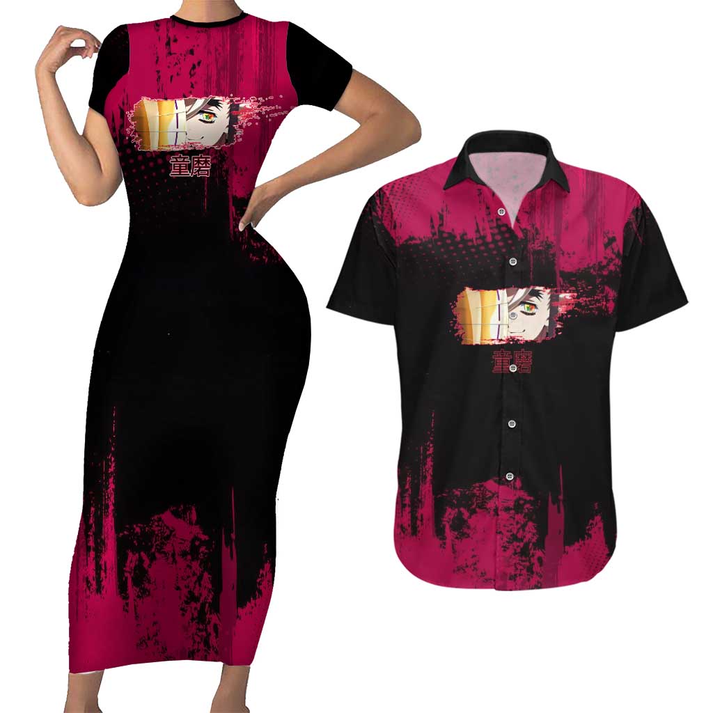 Douma Demon Slayer Red Grunge Design Couples Matching Short Sleeve Bodycon Dress and Hawaiian Shirt with Fan Pose and Piercing Eyes Detail - The Mazicc