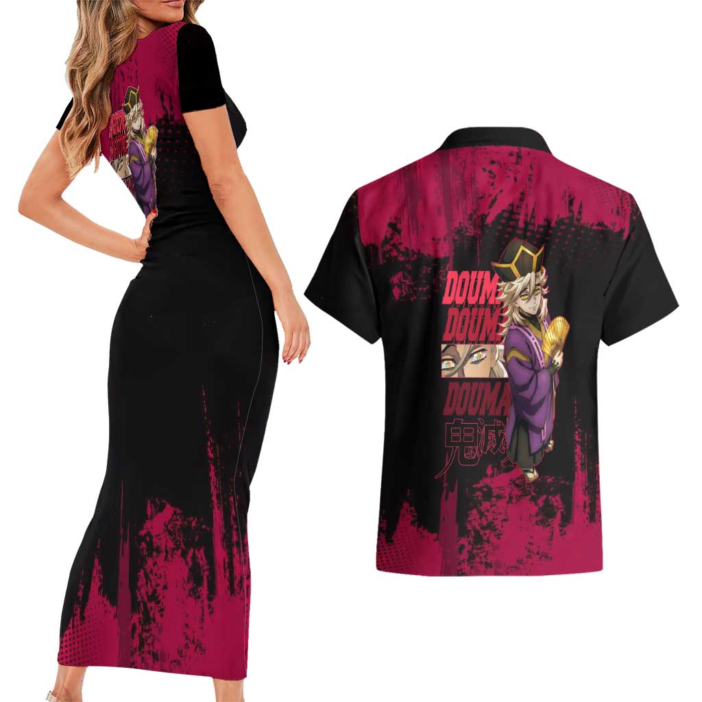 Douma Demon Slayer Red Grunge Design Couples Matching Short Sleeve Bodycon Dress and Hawaiian Shirt with Fan Pose and Piercing Eyes Detail - The Mazicc