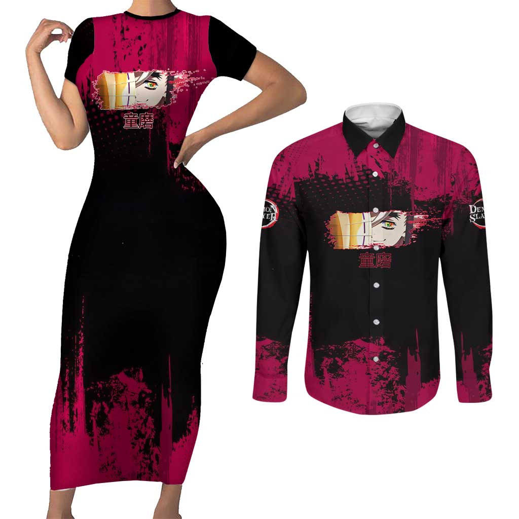 Douma Demon Slayer Red Grunge Design Couples Matching Short Sleeve Bodycon Dress and Long Sleeve Button Shirt with Fan Pose and Piercing Eyes Detail - The Mazicc