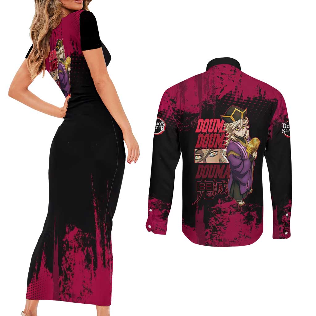 Douma Demon Slayer Red Grunge Design Couples Matching Short Sleeve Bodycon Dress and Long Sleeve Button Shirt with Fan Pose and Piercing Eyes Detail - The Mazicc