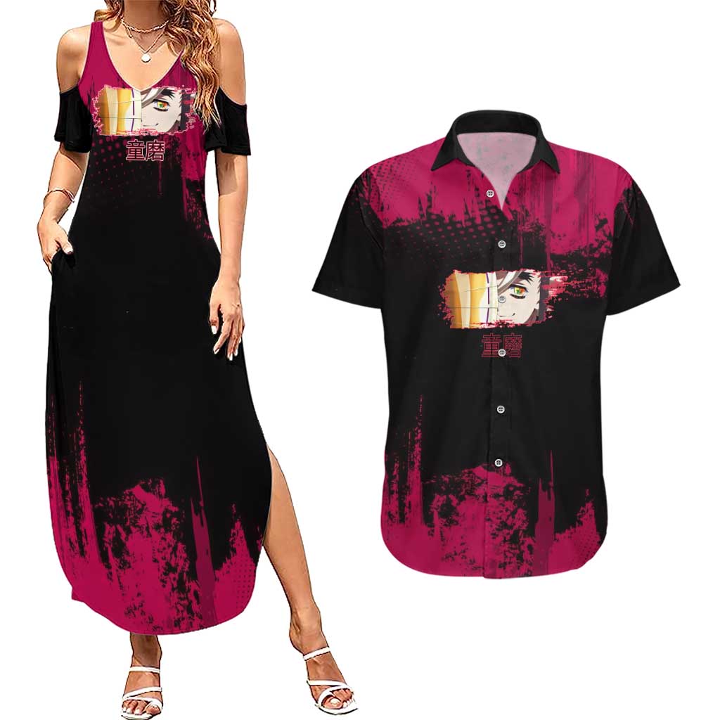 Douma Demon Slayer Red Grunge Design Couples Matching Summer Maxi Dress and Hawaiian Shirt with Fan Pose and Piercing Eyes Detail - The Mazicc