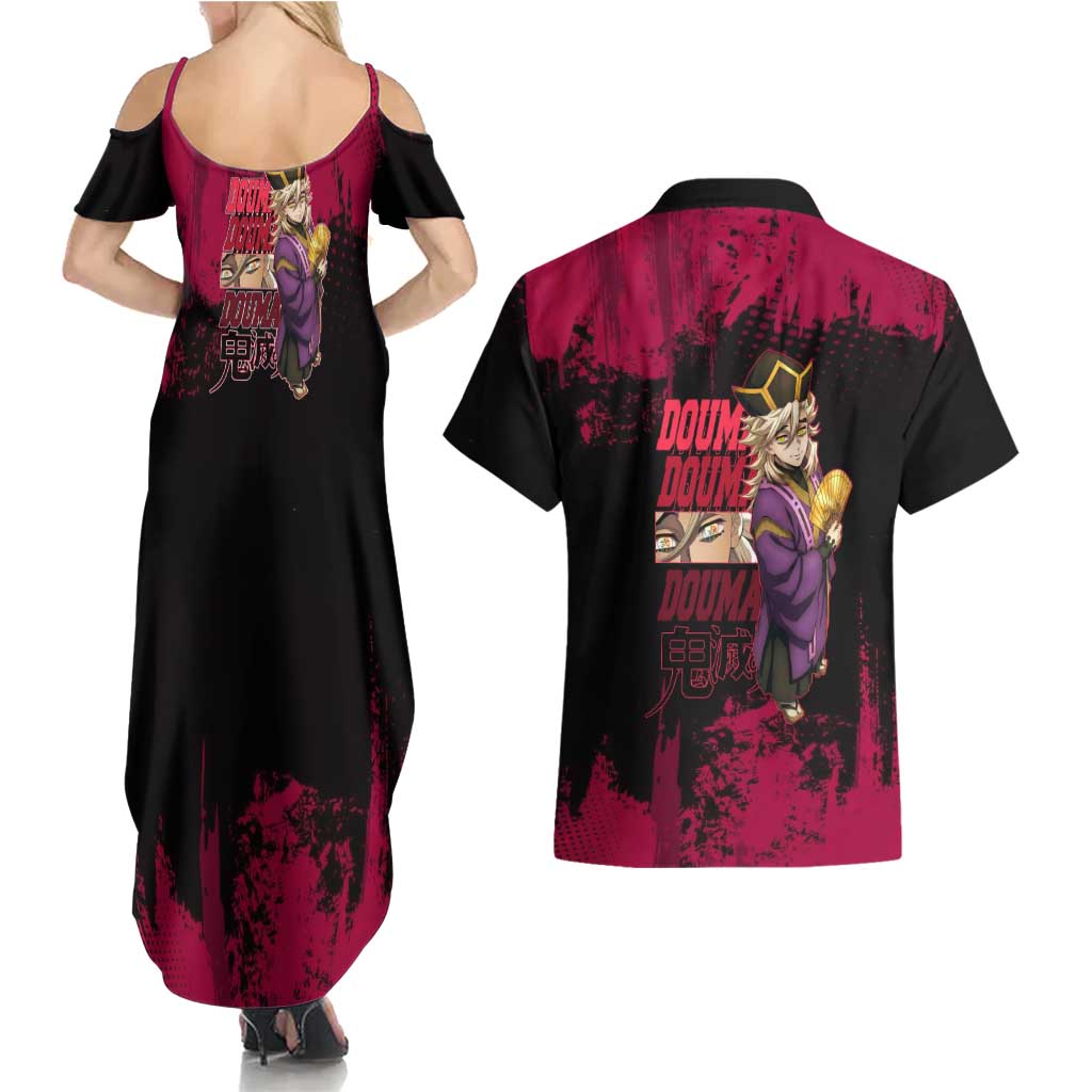Douma Demon Slayer Red Grunge Design Couples Matching Summer Maxi Dress and Hawaiian Shirt with Fan Pose and Piercing Eyes Detail - The Mazicc