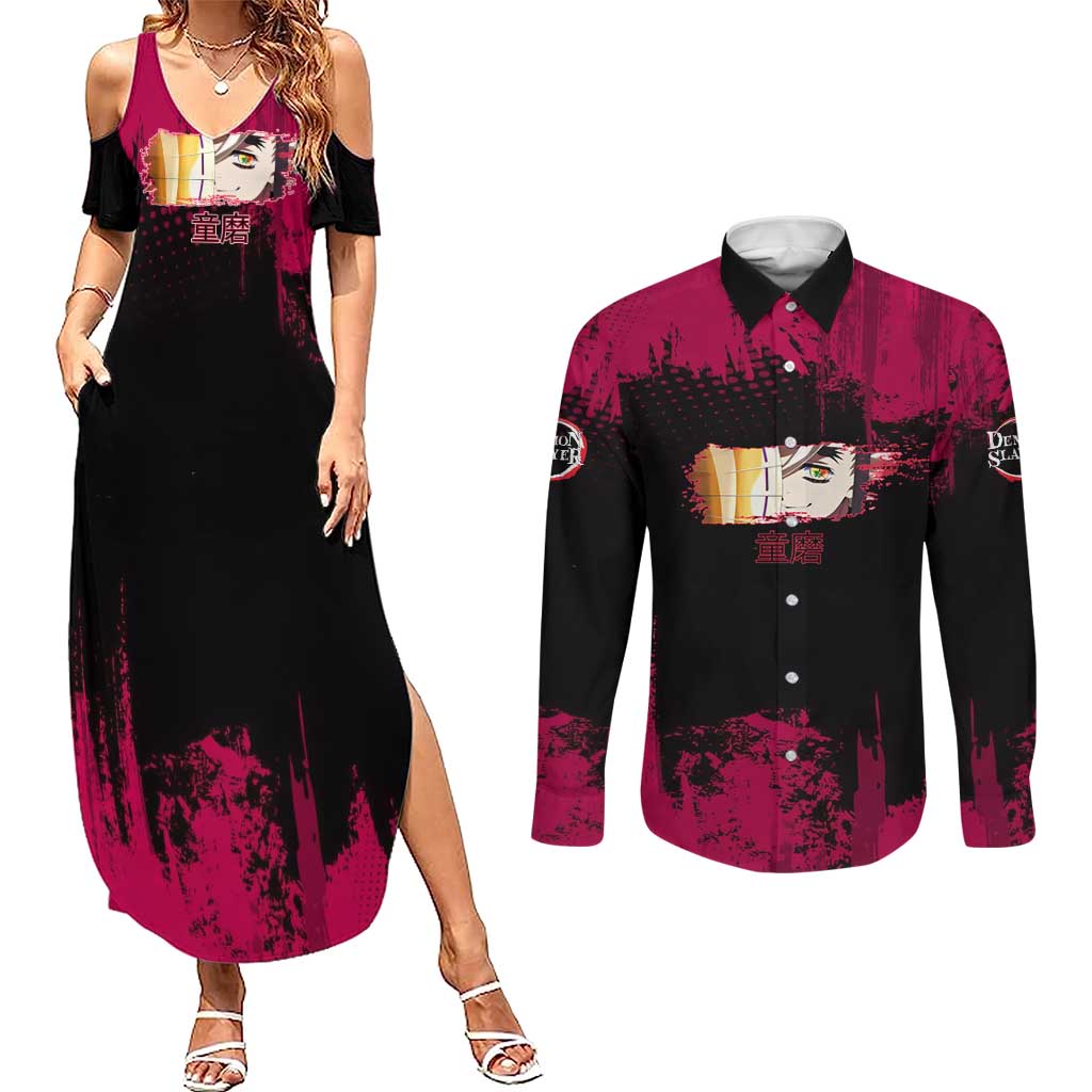 Douma Demon Slayer Red Grunge Design Couples Matching Summer Maxi Dress and Long Sleeve Button Shirt with Fan Pose and Piercing Eyes Detail - The Mazicc