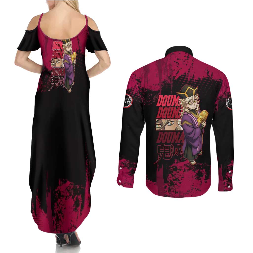 Douma Demon Slayer Red Grunge Design Couples Matching Summer Maxi Dress and Long Sleeve Button Shirt with Fan Pose and Piercing Eyes Detail - The Mazicc