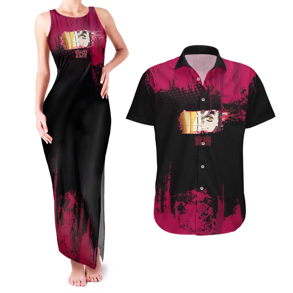 Douma Demon Slayer Red Grunge Design Couples Matching Tank Maxi Dress and Hawaiian Shirt with Fan Pose and Piercing Eyes Detail - The Mazicc