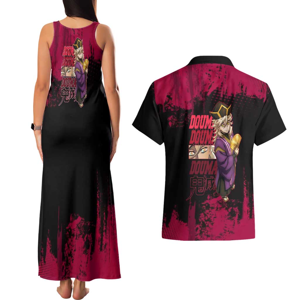 Douma Demon Slayer Red Grunge Design Couples Matching Tank Maxi Dress and Hawaiian Shirt with Fan Pose and Piercing Eyes Detail - The Mazicc