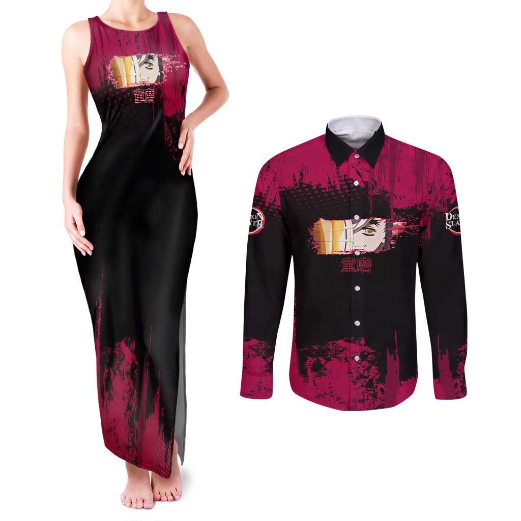Douma Demon Slayer Red Grunge Design Couples Matching Tank Maxi Dress and Long Sleeve Button Shirt with Fan Pose and Piercing Eyes Detail - The Mazicc