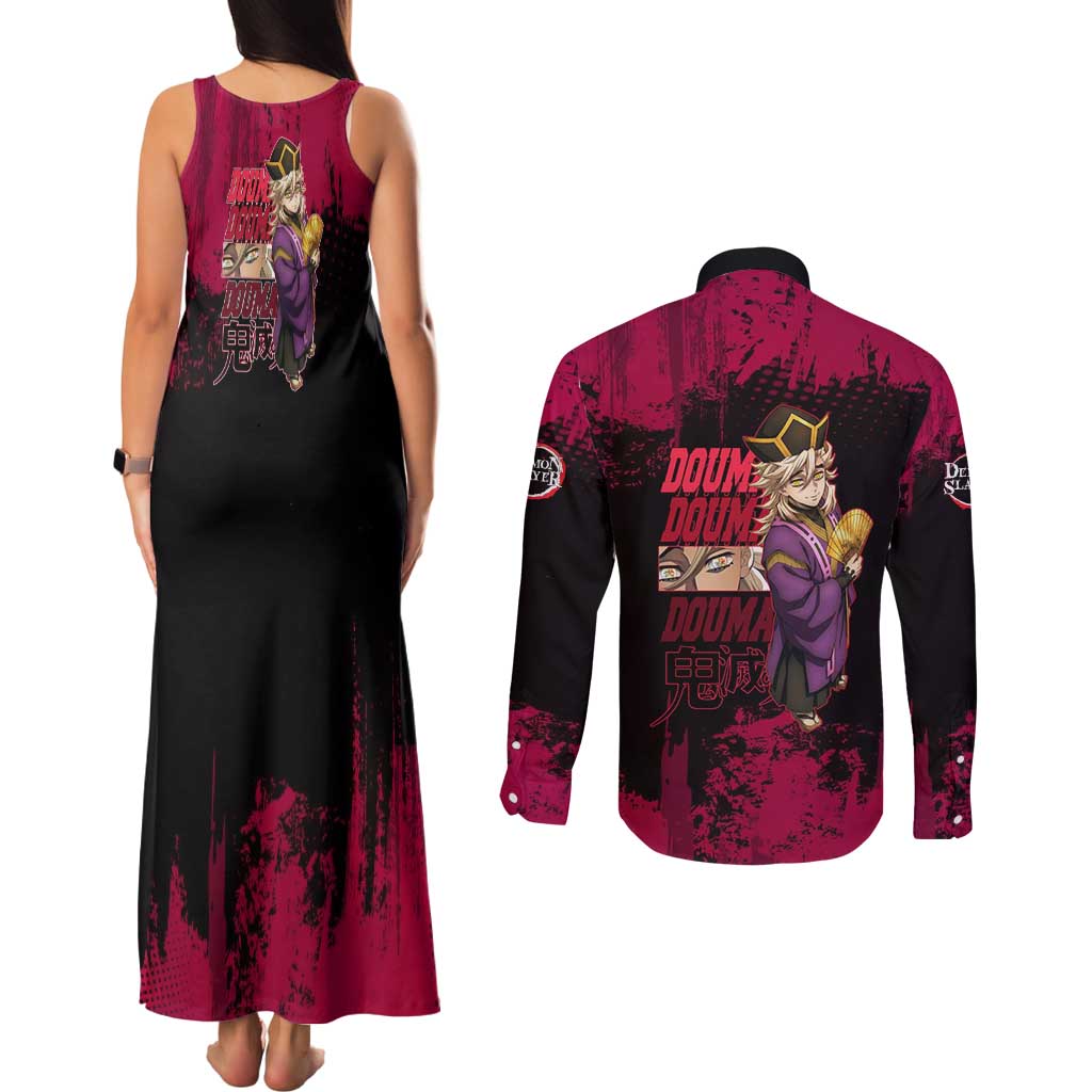 Douma Demon Slayer Red Grunge Design Couples Matching Tank Maxi Dress and Long Sleeve Button Shirt with Fan Pose and Piercing Eyes Detail - The Mazicc