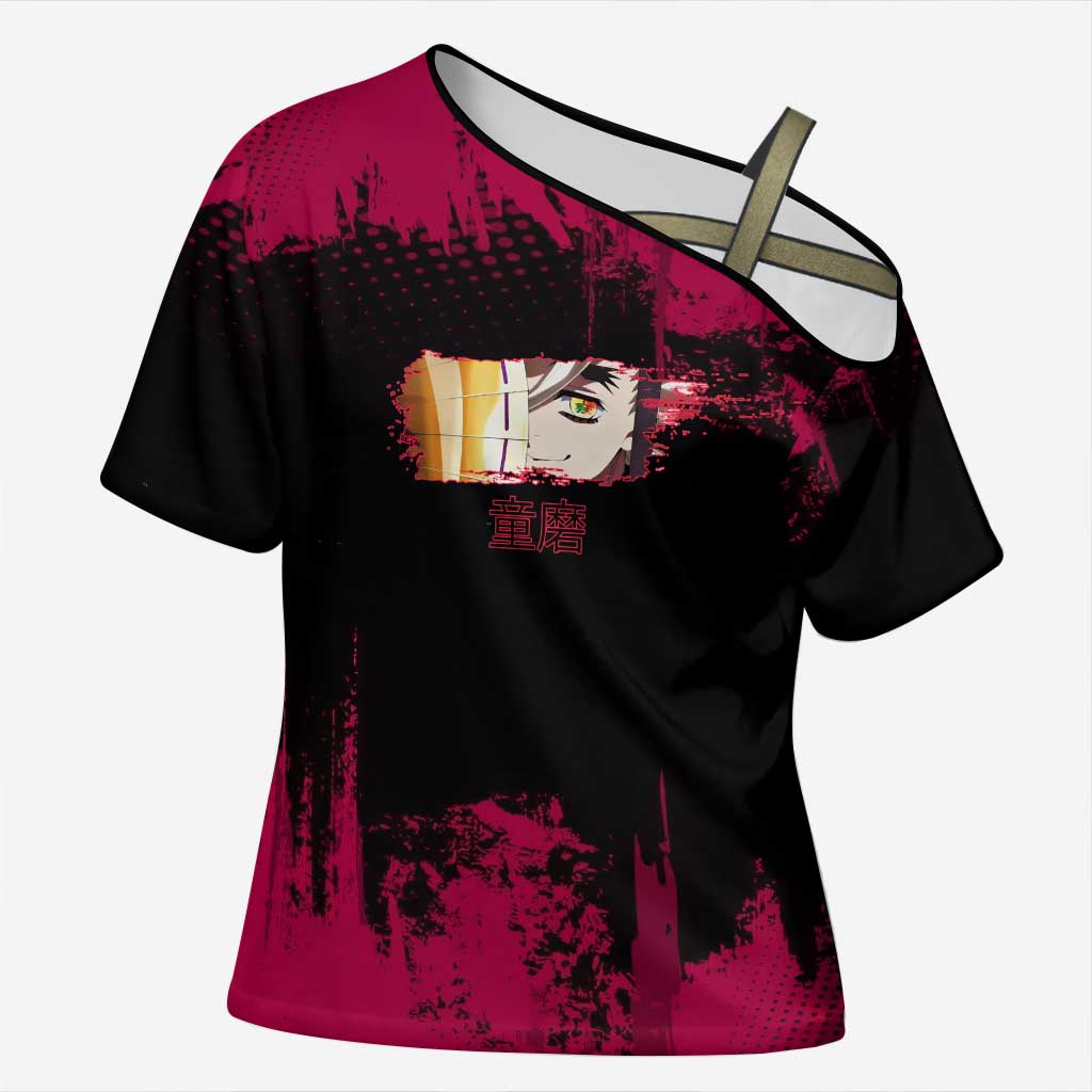 Douma Demon Slayer Red Grunge Design Cross Shoulder Shirt with Fan Pose and Piercing Eyes Detail - The Mazicc