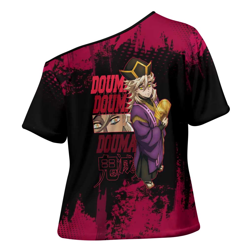 Douma Demon Slayer Red Grunge Design Cross Shoulder Shirt with Fan Pose and Piercing Eyes Detail - The Mazicc