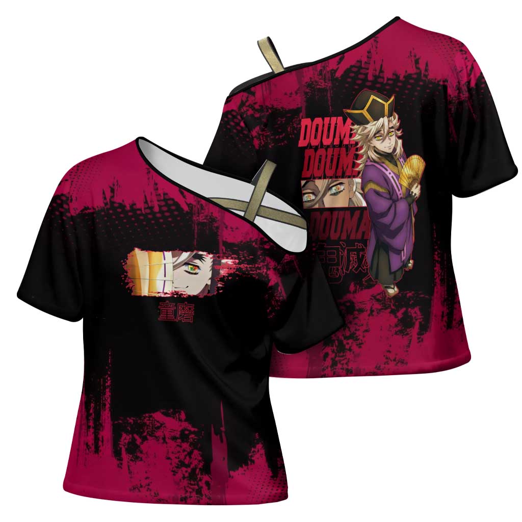 Douma Demon Slayer Red Grunge Design Cross Shoulder Shirt with Fan Pose and Piercing Eyes Detail - The Mazicc