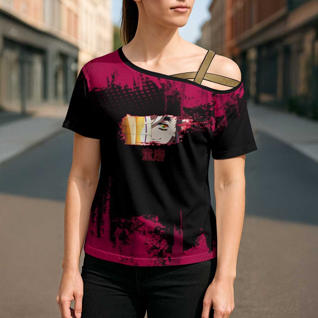 Douma Demon Slayer Red Grunge Design Cross Shoulder Shirt with Fan Pose and Piercing Eyes Detail - The Mazicc