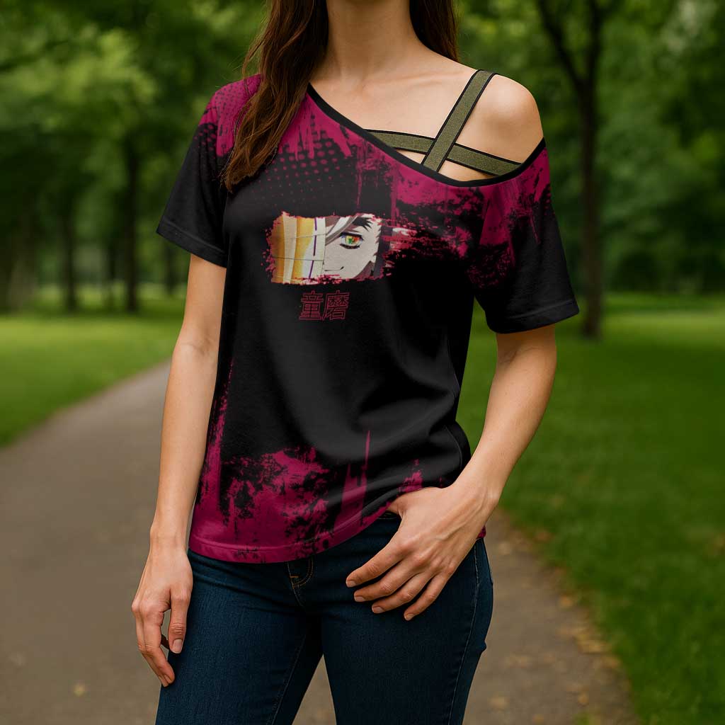 Douma Demon Slayer Red Grunge Design Cross Shoulder Shirt with Fan Pose and Piercing Eyes Detail - The Mazicc