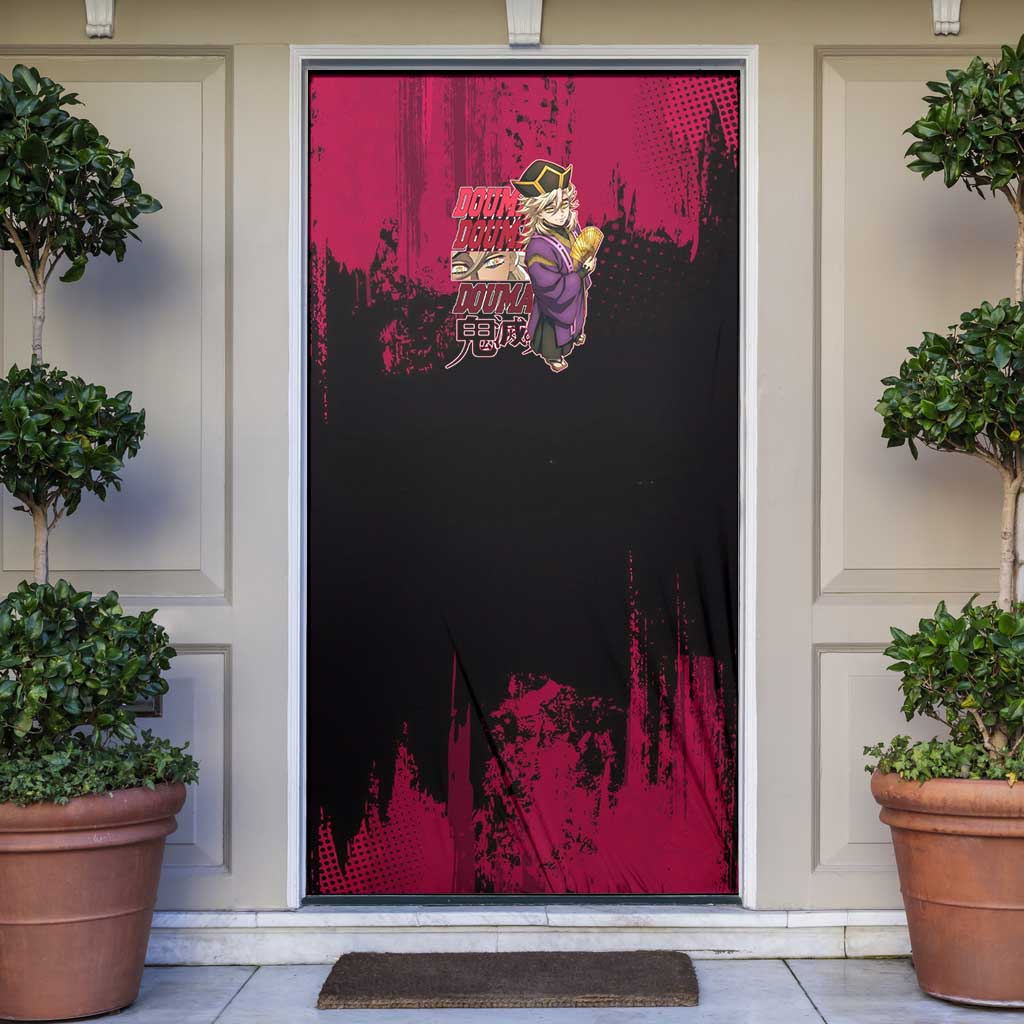 Douma Demon Slayer Red Grunge Design Door Cover with Fan Pose and Piercing Eyes Detail - The Mazicc