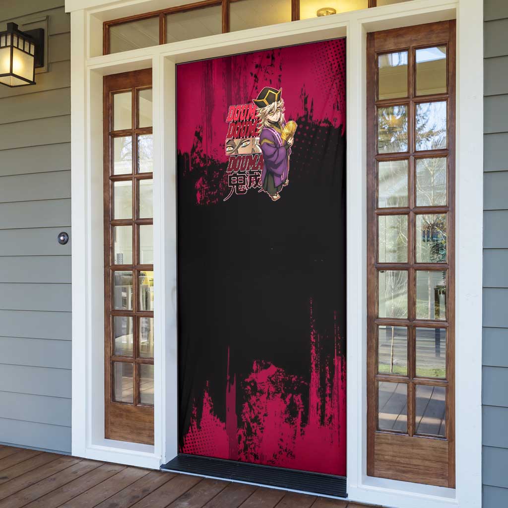 Douma Demon Slayer Red Grunge Design Door Cover with Fan Pose and Piercing Eyes Detail - The Mazicc