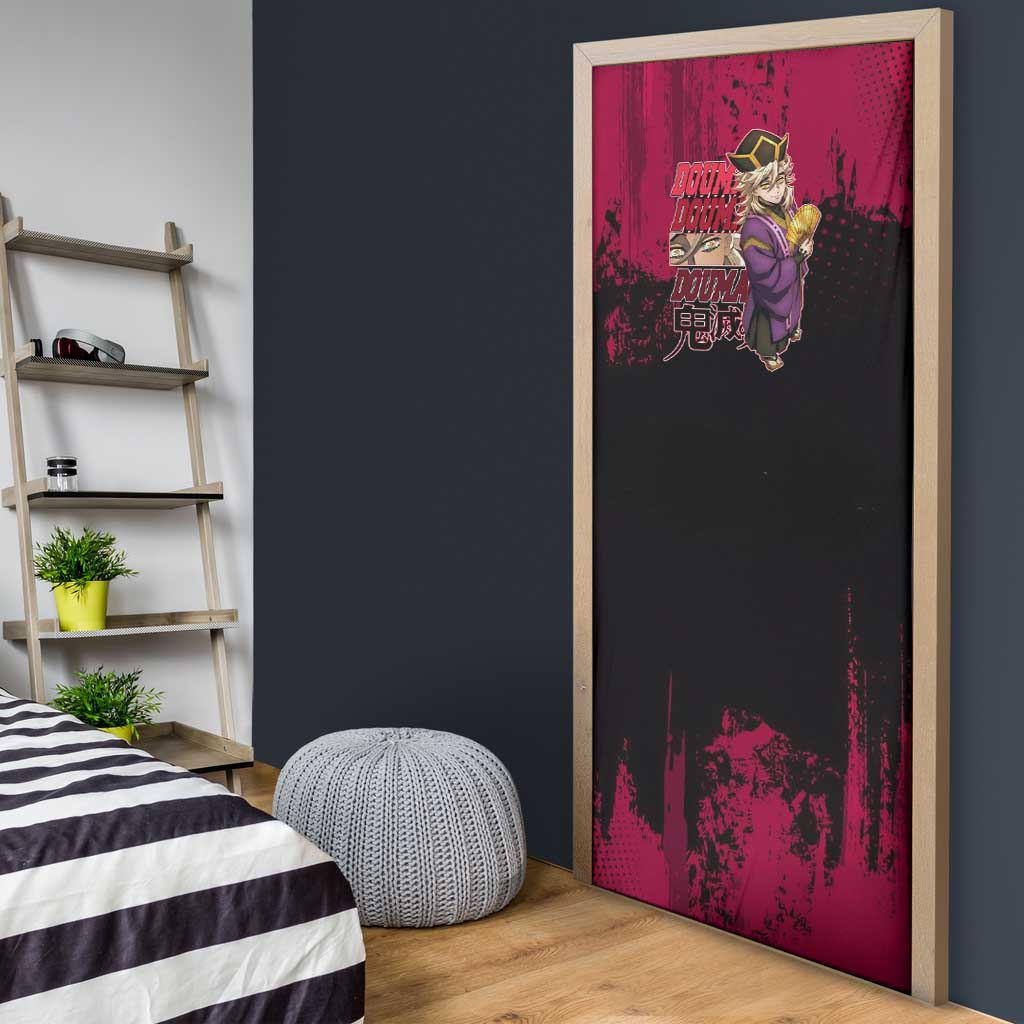 Douma Demon Slayer Red Grunge Design Door Cover with Fan Pose and Piercing Eyes Detail - The Mazicc