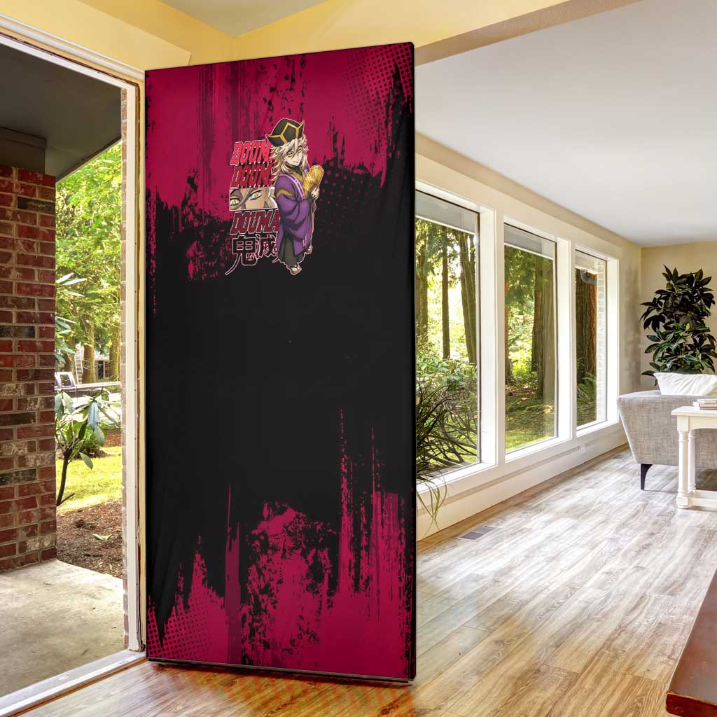 Douma Demon Slayer Red Grunge Design Door Cover with Fan Pose and Piercing Eyes Detail - The Mazicc