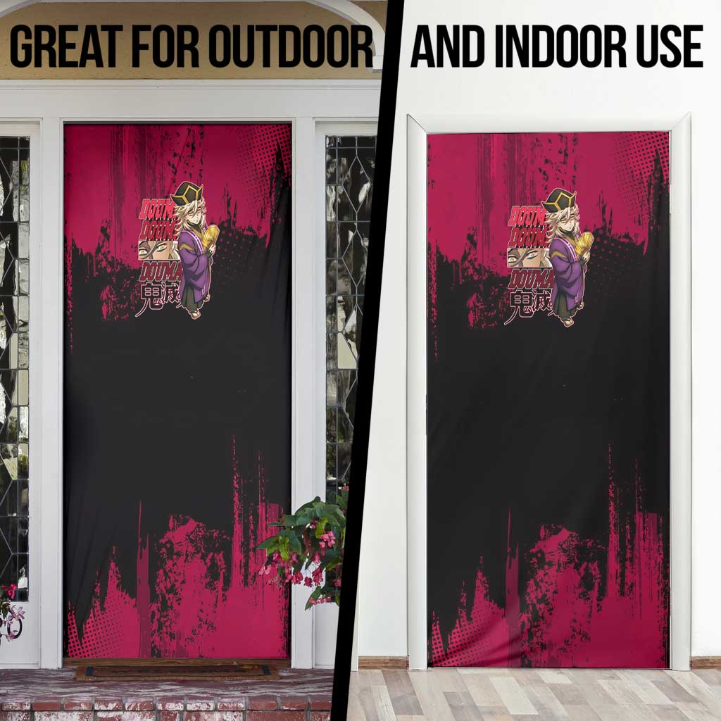 Douma Demon Slayer Red Grunge Design Door Cover with Fan Pose and Piercing Eyes Detail - The Mazicc