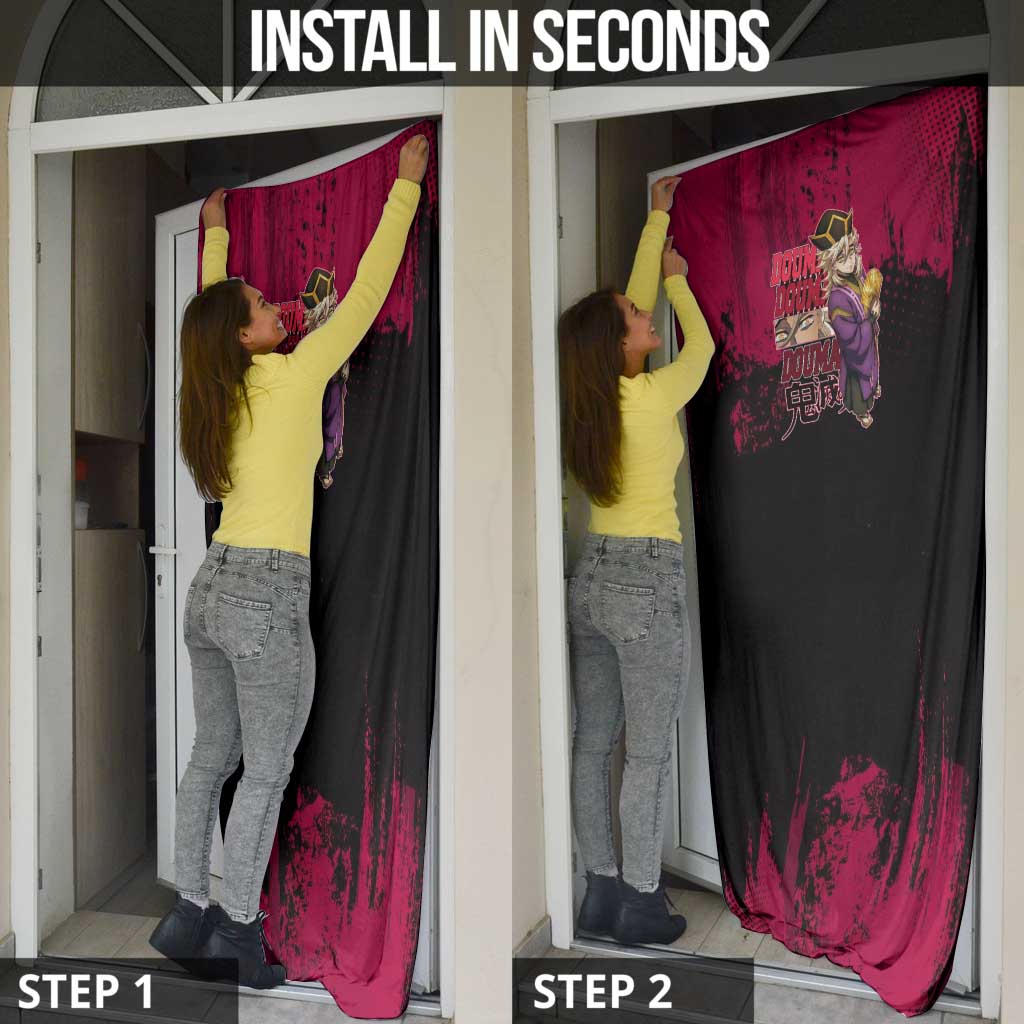 Douma Demon Slayer Red Grunge Design Door Cover with Fan Pose and Piercing Eyes Detail - The Mazicc