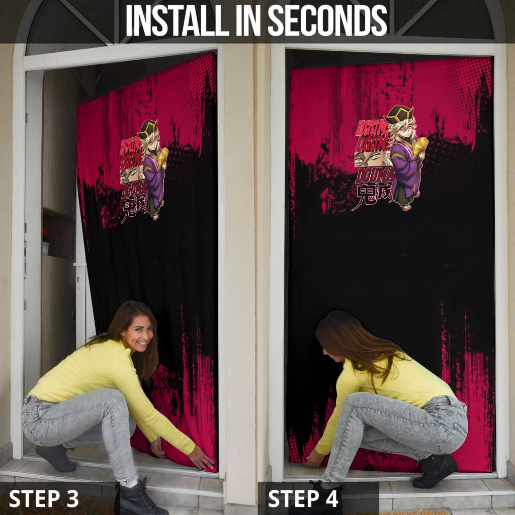 Douma Demon Slayer Red Grunge Design Door Cover with Fan Pose and Piercing Eyes Detail - The Mazicc