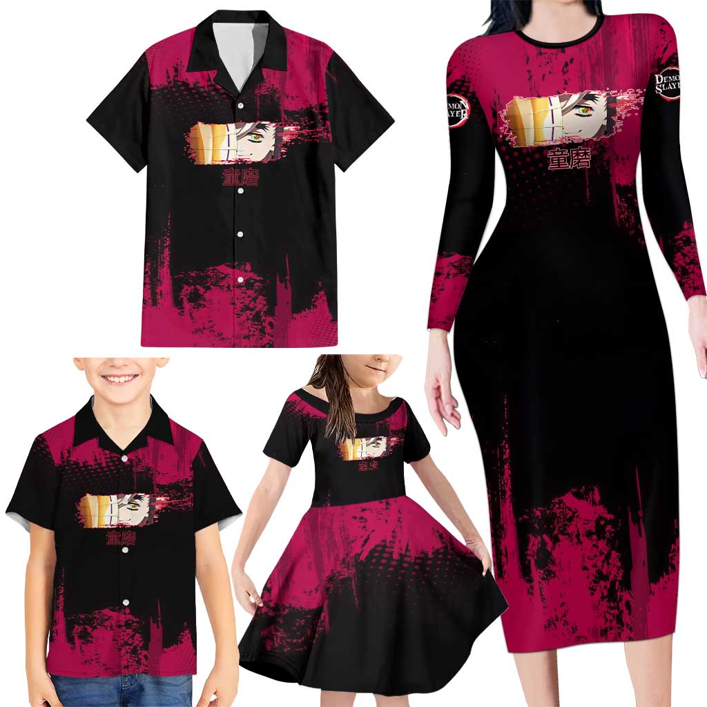 Douma Demon Slayer Red Grunge Design Family Matching Long Sleeve Bodycon Dress and Hawaiian Shirt with Fan Pose and Piercing Eyes Detail