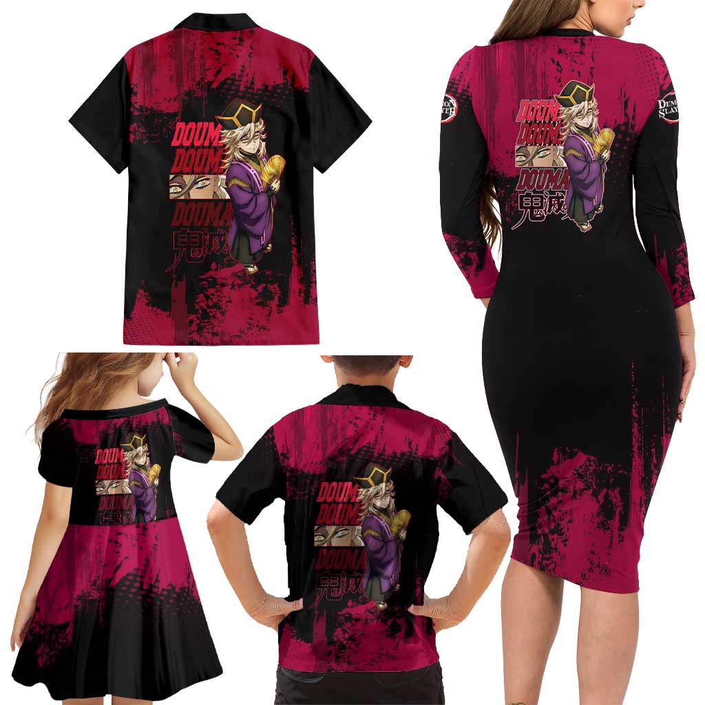 Douma Demon Slayer Red Grunge Design Family Matching Long Sleeve Bodycon Dress and Hawaiian Shirt with Fan Pose and Piercing Eyes Detail