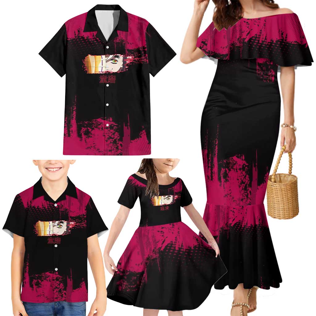 Douma Demon Slayer Red Grunge Design Family Matching Mermaid Dress and Hawaiian Shirt with Fan Pose and Piercing Eyes Detail
