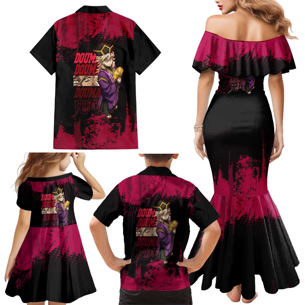 Douma Demon Slayer Red Grunge Design Family Matching Mermaid Dress and Hawaiian Shirt with Fan Pose and Piercing Eyes Detail