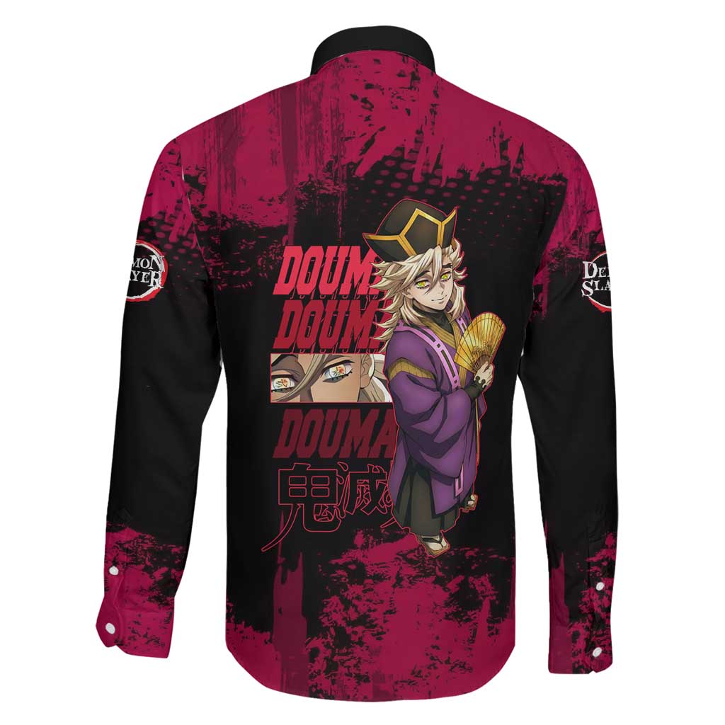 Douma Demon Slayer Red Grunge Design Family Matching Mermaid Dress and Hawaiian Shirt with Fan Pose and Piercing Eyes Detail
