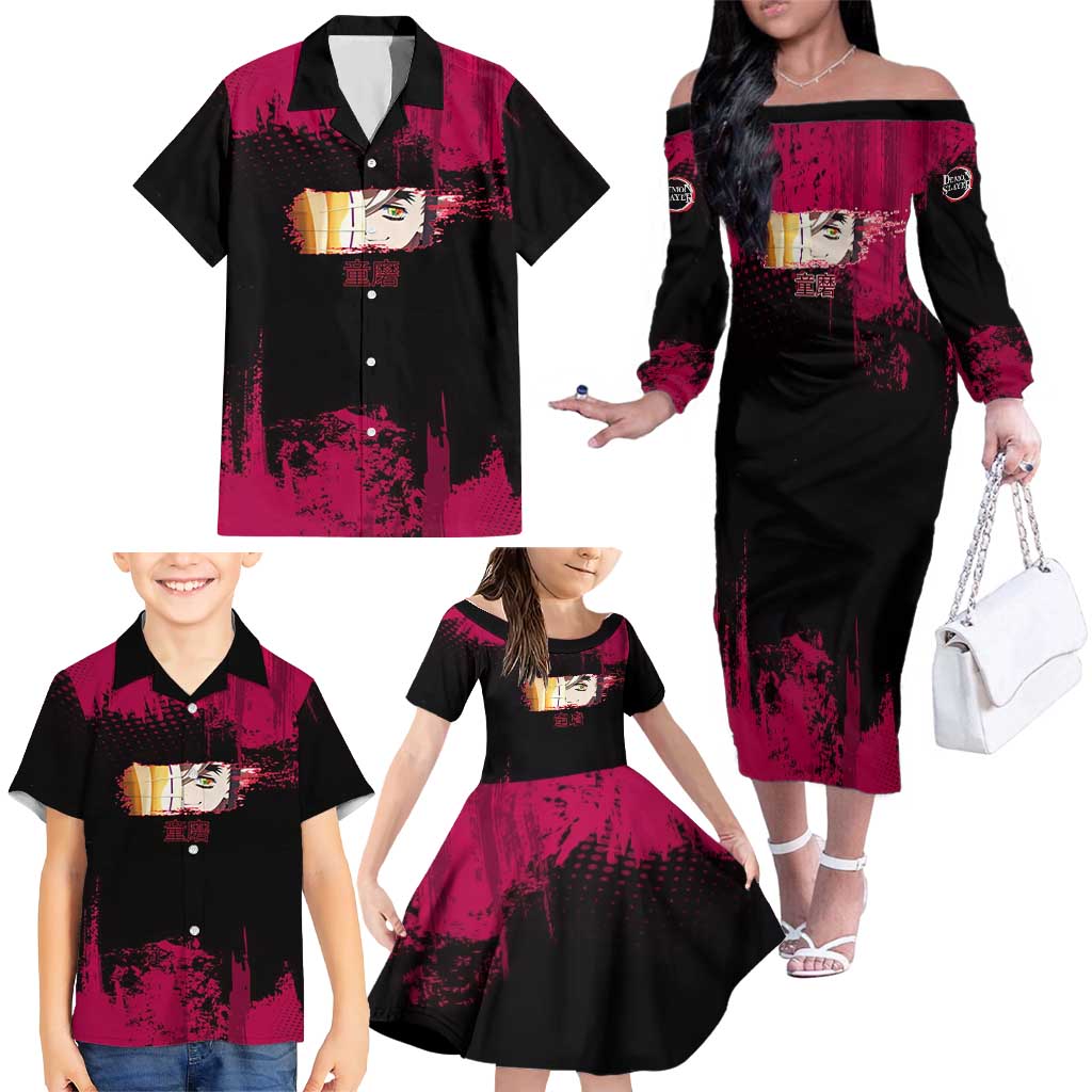 Douma Demon Slayer Red Grunge Design Family Matching Off The Shoulder Long Sleeve Dress and Hawaiian Shirt with Fan Pose and Piercing Eyes Detail