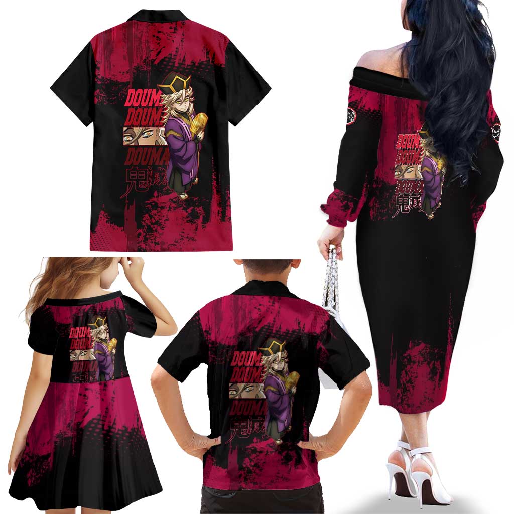 Douma Demon Slayer Red Grunge Design Family Matching Off The Shoulder Long Sleeve Dress and Hawaiian Shirt with Fan Pose and Piercing Eyes Detail