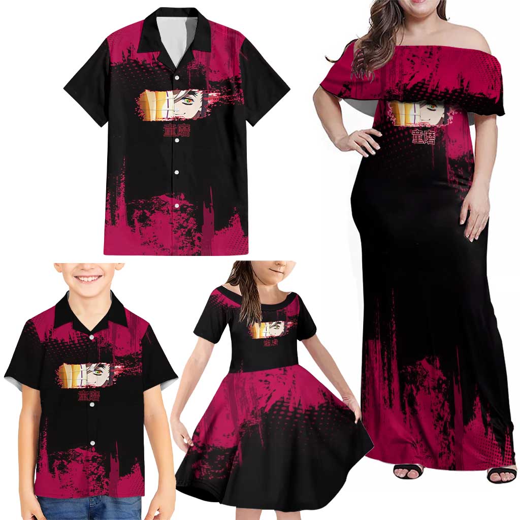 Douma Demon Slayer Red Grunge Design Family Matching Off Shoulder Maxi Dress and Hawaiian Shirt with Fan Pose and Piercing Eyes Detail