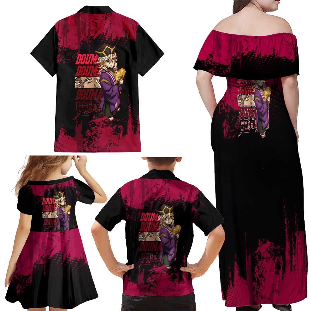 Douma Demon Slayer Red Grunge Design Family Matching Off Shoulder Maxi Dress and Hawaiian Shirt with Fan Pose and Piercing Eyes Detail
