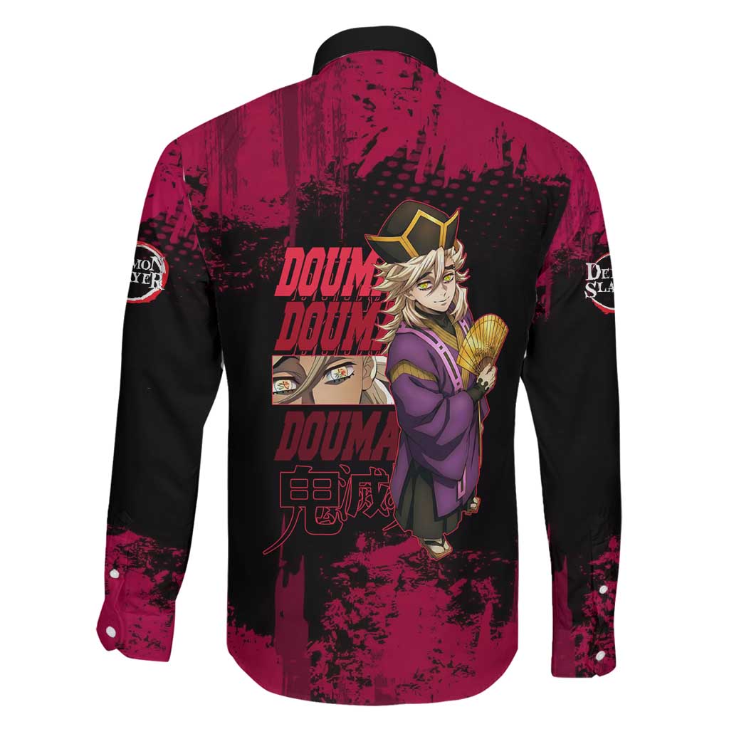 Douma Demon Slayer Red Grunge Design Family Matching Off Shoulder Maxi Dress and Hawaiian Shirt with Fan Pose and Piercing Eyes Detail