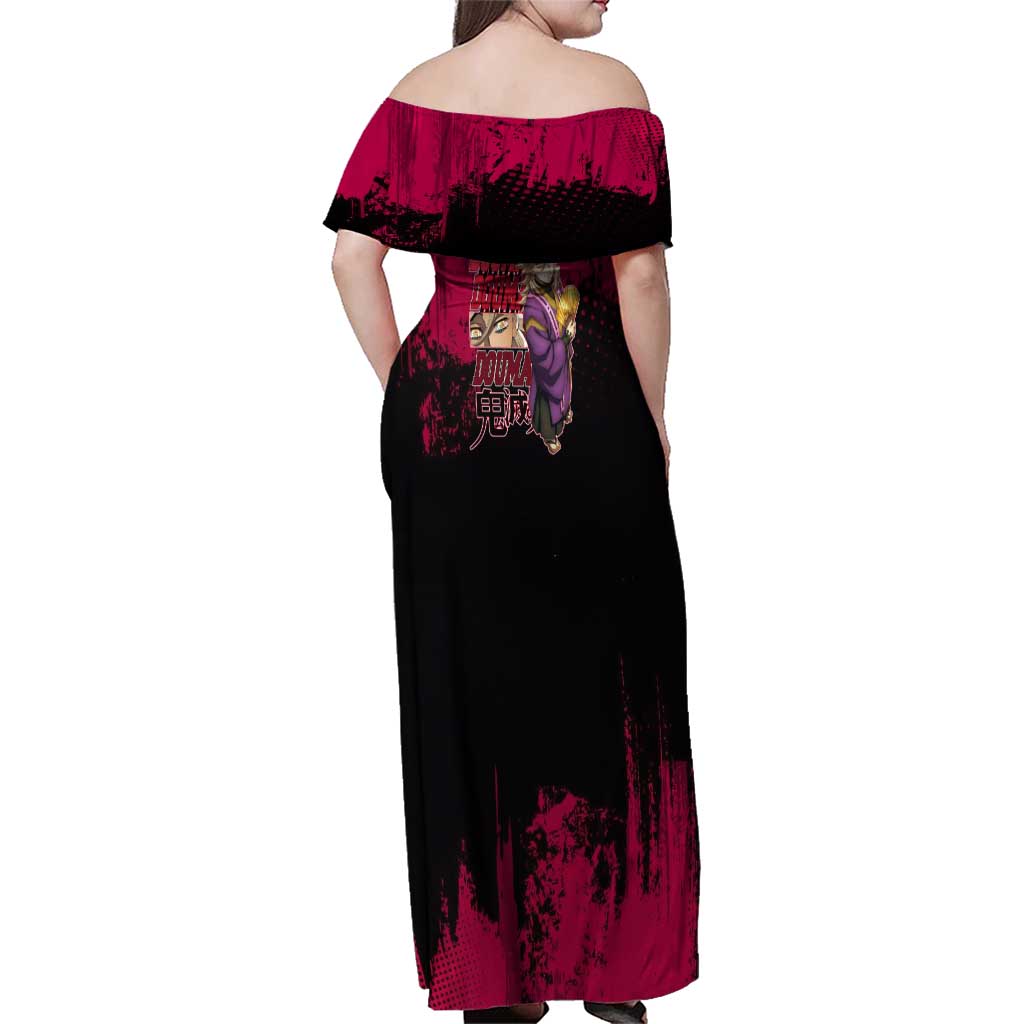 Douma Demon Slayer Red Grunge Design Family Matching Off Shoulder Maxi Dress and Hawaiian Shirt with Fan Pose and Piercing Eyes Detail