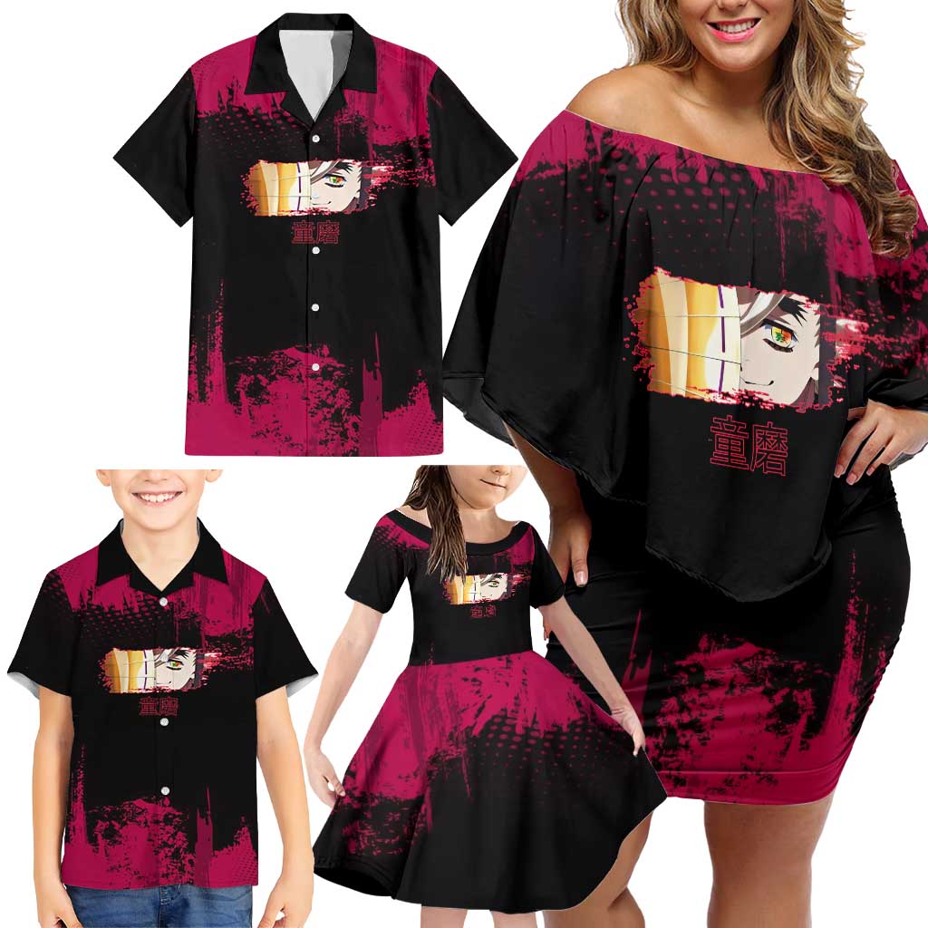 Douma Demon Slayer Red Grunge Design Family Matching Off Shoulder Short Dress and Hawaiian Shirt with Fan Pose and Piercing Eyes Detail