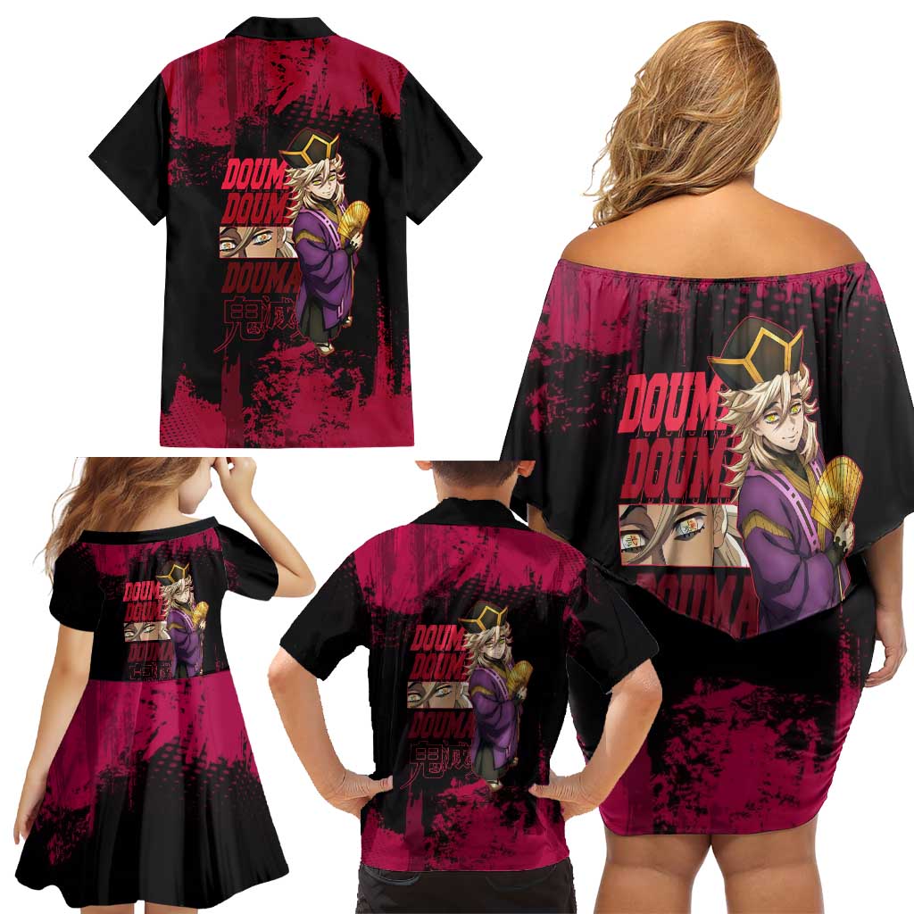 Douma Demon Slayer Red Grunge Design Family Matching Off Shoulder Short Dress and Hawaiian Shirt with Fan Pose and Piercing Eyes Detail