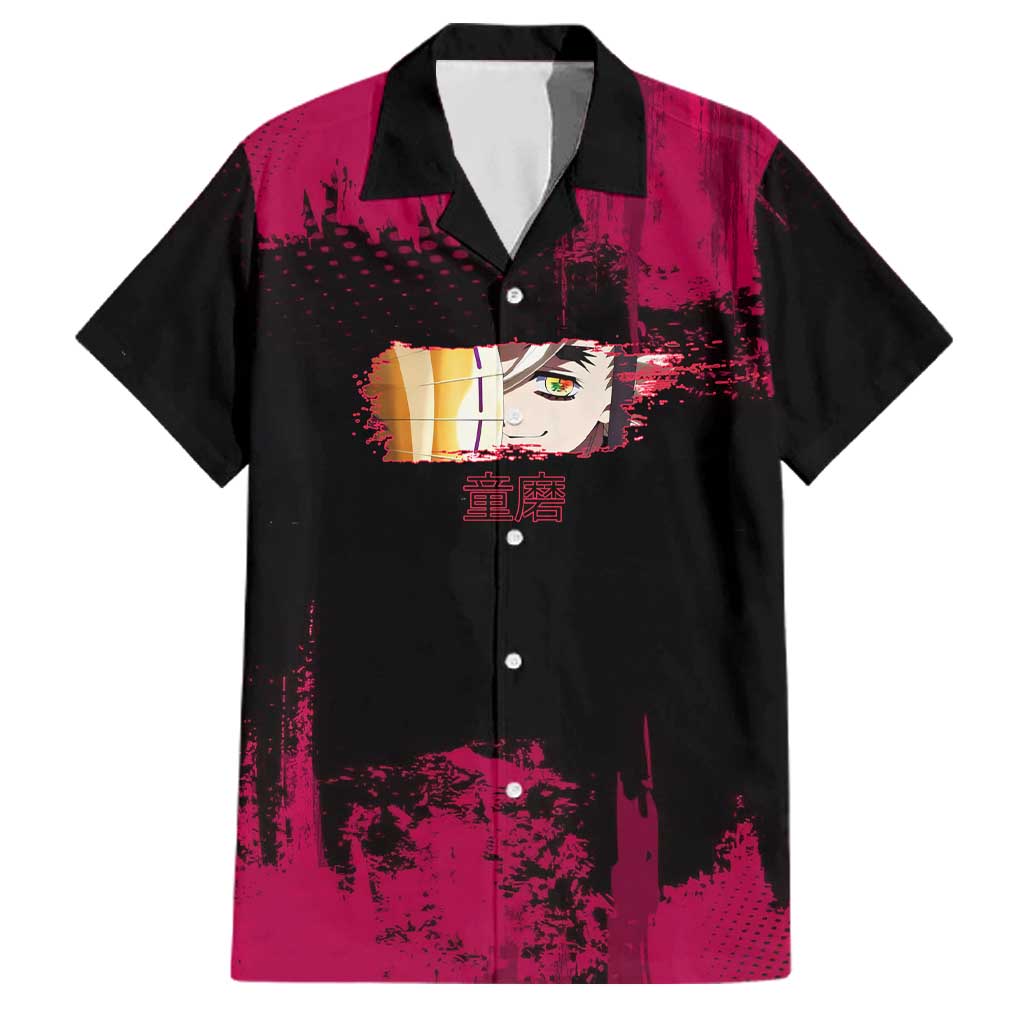 Douma Demon Slayer Red Grunge Design Family Matching Off Shoulder Short Dress and Hawaiian Shirt with Fan Pose and Piercing Eyes Detail