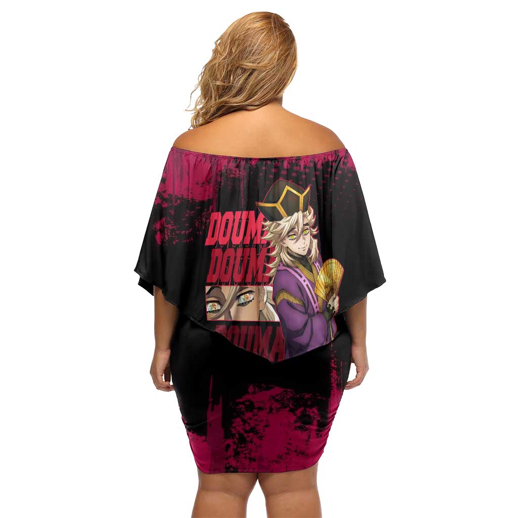 Douma Demon Slayer Red Grunge Design Family Matching Off Shoulder Short Dress and Hawaiian Shirt with Fan Pose and Piercing Eyes Detail