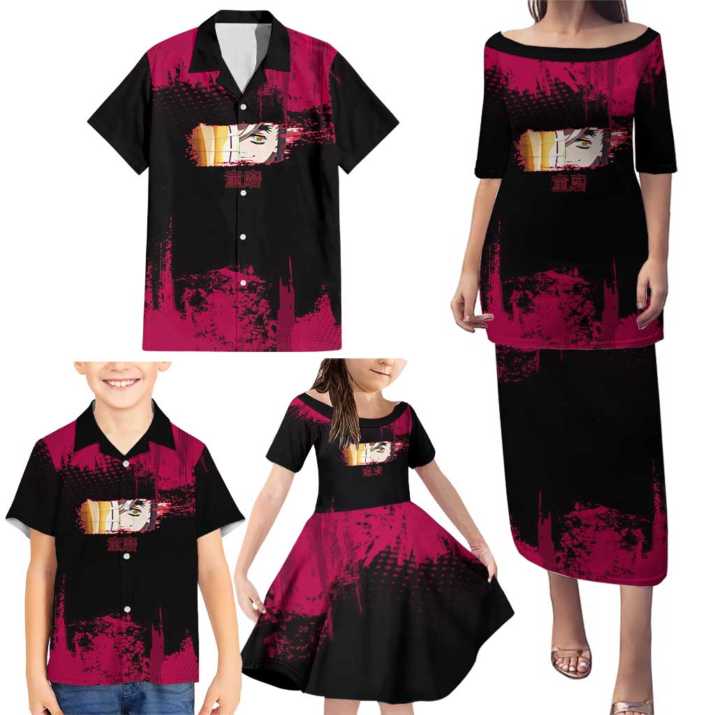Douma Demon Slayer Red Grunge Design Family Matching Puletasi and Hawaiian Shirt with Fan Pose and Piercing Eyes Detail