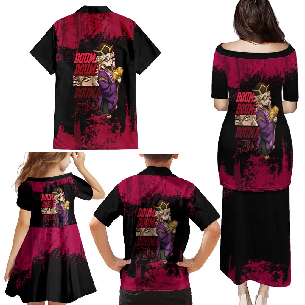 Douma Demon Slayer Red Grunge Design Family Matching Puletasi and Hawaiian Shirt with Fan Pose and Piercing Eyes Detail